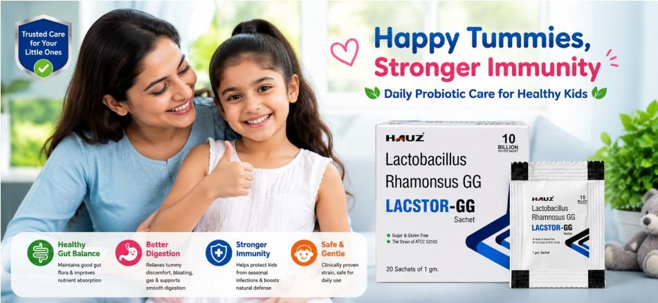 LACSTOR-GG probiotic sachet for children's gut health during monsoon season